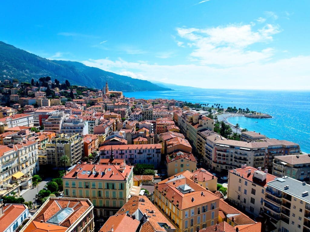 Aerial view of the coast and the Menton seafront