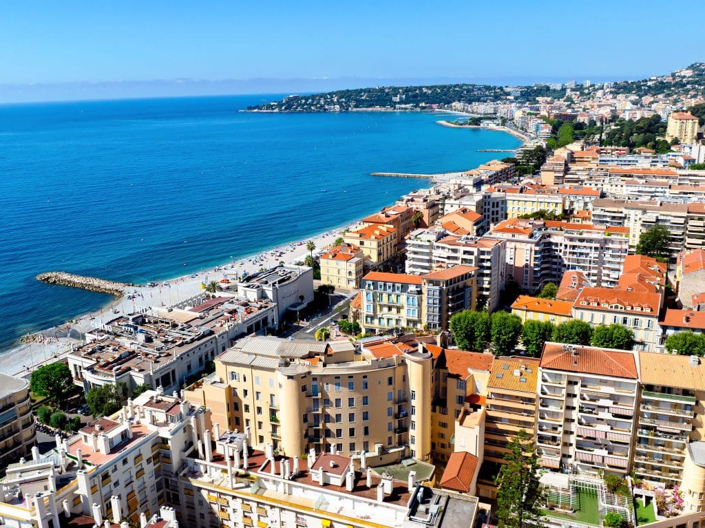 Aerial view of the coastline and the city of Menton