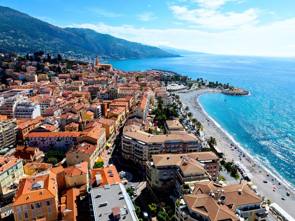 Aerial view of the beaches and the old town of Menton