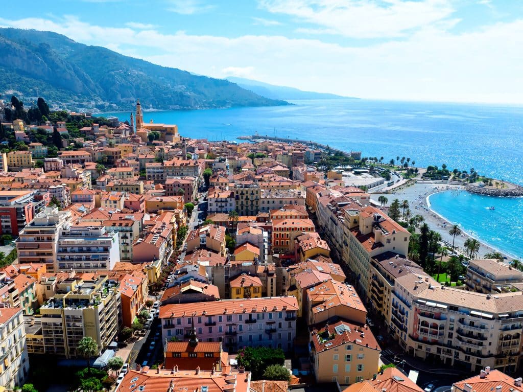 Aerial view of the old town of Menton and its beach