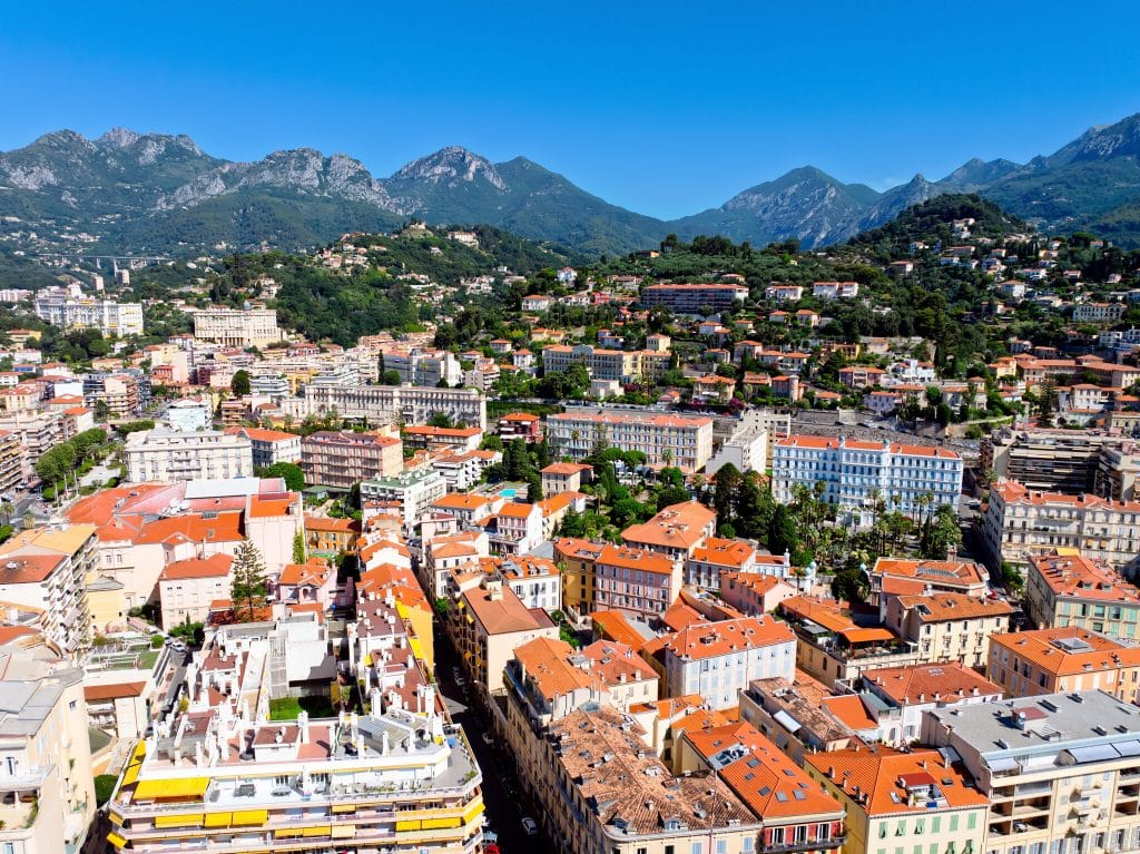 Aerial view of Menton between sea and mountains
